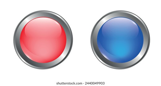 Glass transparent red and blue button in gold frame, vector illustration EPS10