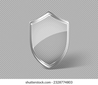 Glass transparent security guard shield with metal frame. Protection or privacy concept. Vector 3d illustration