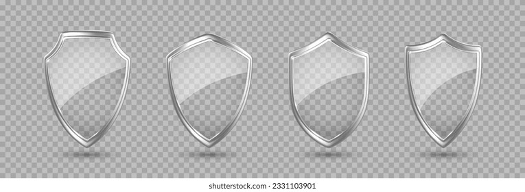 Glass transparent security guard shields with metal frame. Protection or privacy concept. Vector 3d illustration