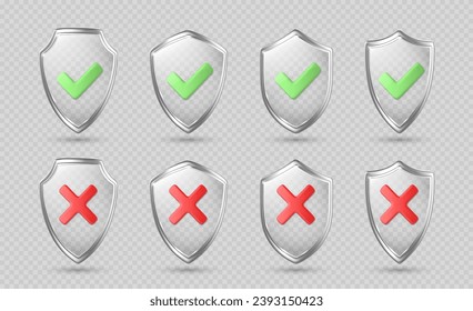 Glasdurchsichtige Schutzschilder mit Metallrahmen. Schutzschilde mit grünem Markierungszeichen und rotem Kreuz. Ja und Nein, genehmigt und abgelehnt. Schutz- und Sicherheitszeichen. Vektor 3d