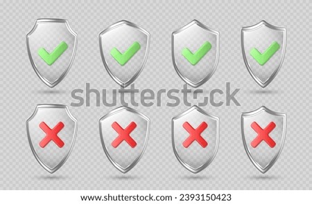 Glass transparent security guard shields with metal frame. Protective shields with green checkmark and red cross. Yes and no button, approved and rejected. Protection and security symbol. Vector 3d