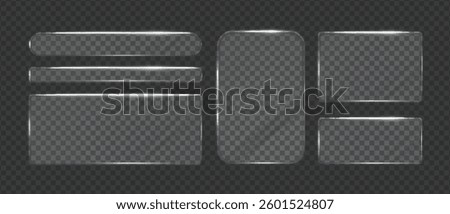 Glass transparent shiny rectangle and square shape frames set, Realistic 3d glass texture light sparkles, Vector graphics.