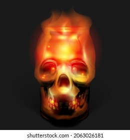 Glass transparent skull with a with a flame inside inside. A candle in the form of a skull on a black background. Vector from gradient meshes. ENP10.