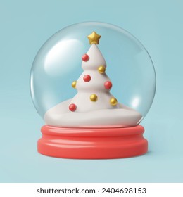 Bola de nieve transparente de vidrio con árbol de Navidad decorado en estilo 3D, ilustración vectorial aislada en fondo azul. Diseño decorativo, vacaciones, Navidad y Año Nuevo