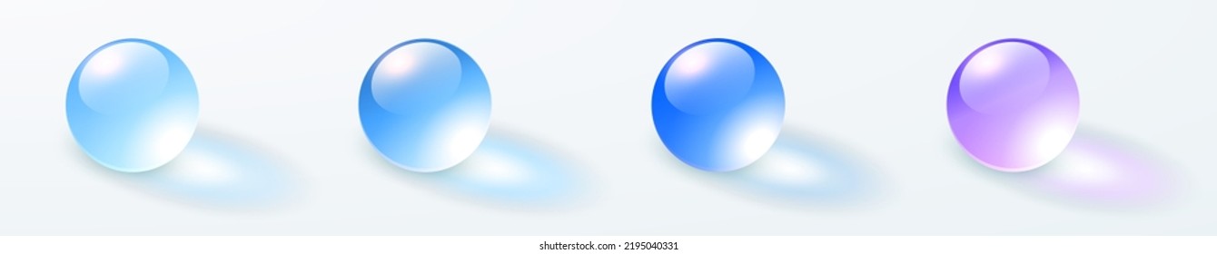 Esferas transparentes de vidrio, bolas 3D multicolores brillantes con sombras, ilustración vectorial.
