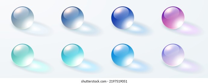 Glass transparent spheres set, multicolored shiny 3D balls with shadows, vector illustration.
