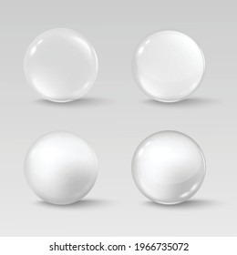 Glass transparent spheres, shiny circle beads and precious pearl. Round balls with soft shadows. Vector realistic 3d isolated illustrations.