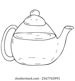 glass transparent teapot for brewing tea or coffee, vector black and white doodle element, coloring book, cute design element