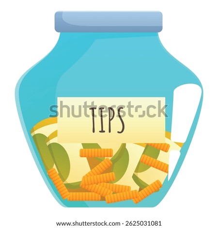 Glass transparent tip jar with a label saying tips is filling up with money and coins