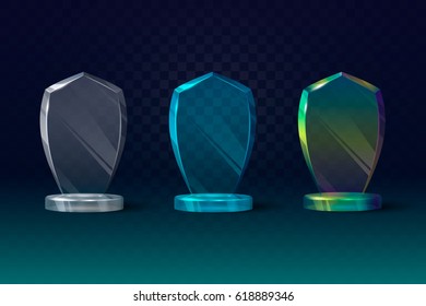 Glass transparent trophy for award. Set of ordinary, blue and chameleon glass isolated vector illustration.