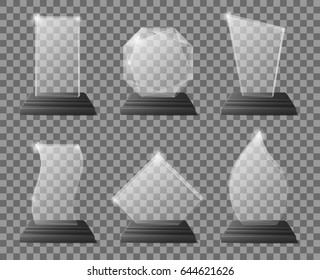 Glass Transparent Trophy Awards With Dark Stand. Clear Glass Award Certificates, Goals Team Crystal Trophies Stock Vector.