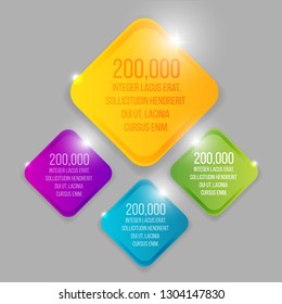 Glass transparent vector rhombus set in yellow, purple and pink  with colorful label template for web and print decoration, sale sign or discount poster creative design 