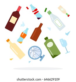 Glass trash for sorting. A broken mirror, an oil bottle, a sauce bottle, a wine bottle, a beer bottle flat material design isolated on white