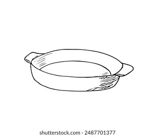 Glass tray for baking, empty glassware pan. Kitchen utensil for oven, refractory dishes for raw dough, and bake cooking. 