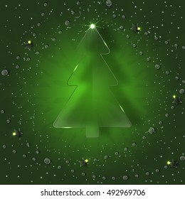 Glass tree on a green background with snowflakes and decoration