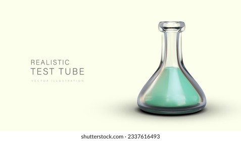 Glass triangular flask with green liquid. Realistic Erlenmeyer flask. Specific laboratory ware with narrow neck. National science day. Concept of research, analysis, scientific discoveries