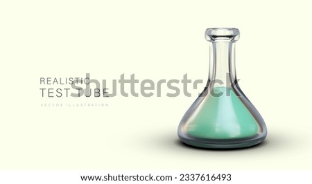 Glass triangular flask with green liquid. Realistic Erlenmeyer flask. Specific laboratory ware with narrow neck. National science day. Concept of research, analysis, scientific discoveries
