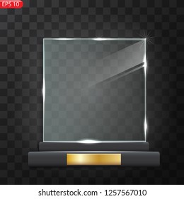 Glass Trophy Award. First Place Prize Plaque. Glass Trophy Mockup Stand On Clear Base. Realistic Vector Transparent Object 10 Eps. Vector Illustration