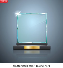 Glass Trophy Award. First Place Prize Plaque. Glass Trophy Mockup Stand On Clear Base. Realistic Vector Transparent Object. Vector Illustration