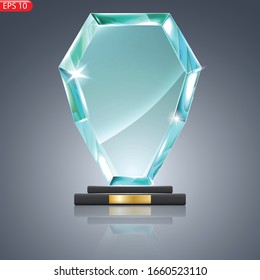 Glass Trophy Award. First Place Prize Plaque. Glass Trophy Mockup Stand On Clear Base. Realistic Vector Transparent Object. Vector Illustration