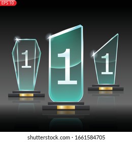 Glass Trophy Award. First place Prize plaque. Glass trophy mockup stand on clear base. Realistic vector transparent object. Vector illustration