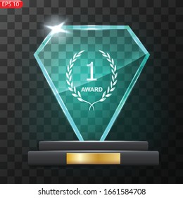 Premio Trofeo de Cristal. Placa del premio. Parada de burla de trofeo de vidrio sobre base clara. Objeto transparente vector realista. Ilustración del vector