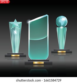 Glass Trophy Award. First place Prize plaque. Glass trophy mockup stand on clear base. Realistic vector transparent object. Vector illustration