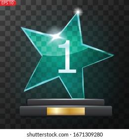 Glass Trophy Award. First place Prize plaque. Glass trophy mockup stand on clear base. Realistic vector transparent object. Vector illustration