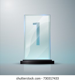 Glass Trophy Award. First Place Prize Plaque. Glass Trophy Mockup Stand On Clear  Base. Realistic Vector Transparent Object 10 Eps. Vector Illustration