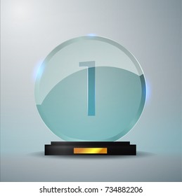  Glass Trophy Award. First Place Prize Plaque. Glass Trophy Mockup Stand On Clear Base.   Realistic Vector Transparent Object 10 Eps. Vector Illustration.