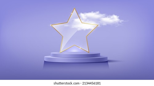 Glass Trophy Award With Gold Star Frame In 3d Platform Studio Display. Fashion Pedestal Floor. Luxury Stage Showcase Podium, Vector Illustration Purple Background And Fluffy Clouds