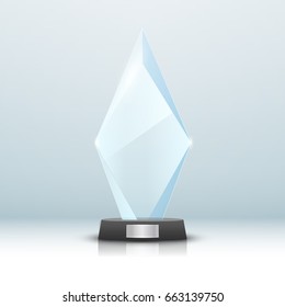 Glass trophy award isolated. Vector blank award on bright background. Crystal glossy design winner.