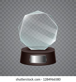 Glass Trophy Award. Glass Trophy Mockup Stand On Clear Base.Vector Illustration