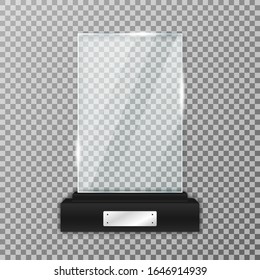 Glass Trophy Award On Black Stand. Realistic Glass Trophy In Rectangle Shape With Glares And Light. Acrylic And Glass Texture. Vector