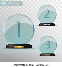 Glass Trophy Award. Set of cups - first, second and third place. Prize template. Glass trophy mockup stand on clear base. Realistic vector transparent object 10 eps. 