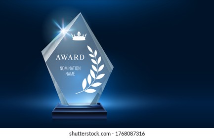 Glass trophy award shining with light. Realistic prize for winner in nomination. First place crystal glossy reward in championship, contest. Trophy with crown and laurel wreath vector illustration