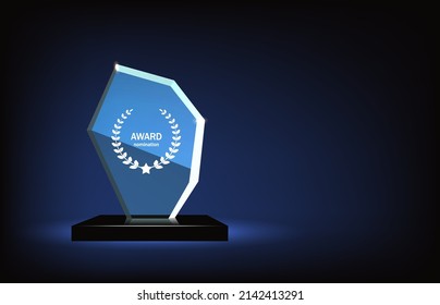 Glass Trophy Award Shining With Light. Realistic Prize For Winner In Nomination. First Place Crystal Glossy Reward In Championship, Contest.