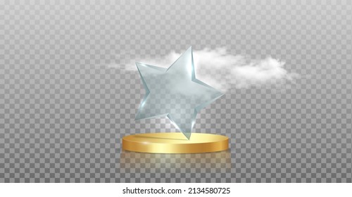 forma de estrella galardonada con trofeo de vidrio en pantalla de estudio de plataforma dorada 3d y nubes esponjosas. Moda Piso Pedestal. Escenario lujoso podio de escaparate, ilustración vectorial aislada en fondo transparente 