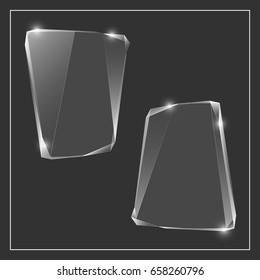 Glass trophy award. Vector abstract banner. Two transparent award backdrop. Original ice shard form. Glacial design shape. Vector freezing label tag. Signature debris strip. Title splinter glass plate