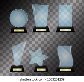 Glass trophy award vector illustration isolated on transparent background. Crystal achievement design success prize. winner celebration shiny trophy template. Glossy championship plate.