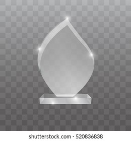 Glass trophy award vector illustration. Transparent crystal trophy on checkered transparent background.