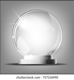 Glass trophy award. Vector award on gray backgroundGlass transparent crystal globe. Magic attribute. Empty sphere. Stand for a souvenir, trophy. Realistic vector object isolated on plaid background .