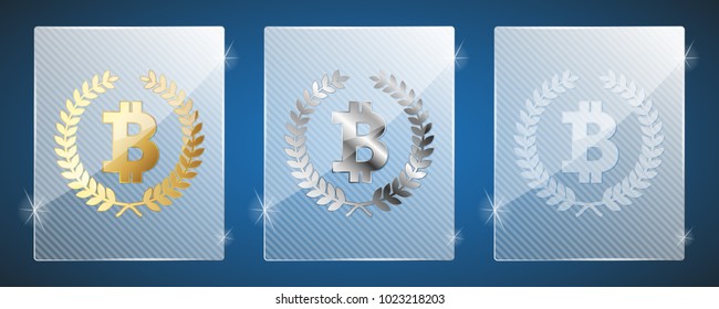 Glass trophy awards with bitcoin. Vector illustration. Three variants: golden, silver and a simple shiny glass. Bitcoin it's the winner