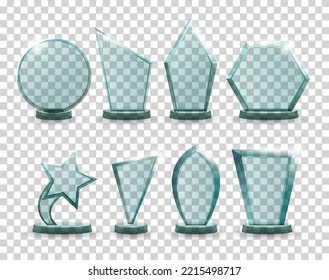 Glass trophy awards collection. 3D winner prizes from transparent material. Achievement glass for winner championship. Realistic icons of challenge prize. Crystal forms on stand