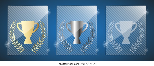 Glass trophy awards with cup. Vector illustration. Three variants: golden, silver and a simple shiny glass