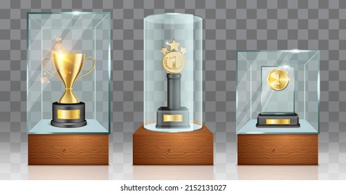 Glass trophy awards mockup crystal prize showcase. 3d medal or trophy cup for winner vector design. Blank reward luxury realistic stand isolated on transparent background