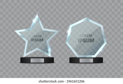 Glass trophy awards set. Transparent star and geometric shape on the pedestal. Vector illustration