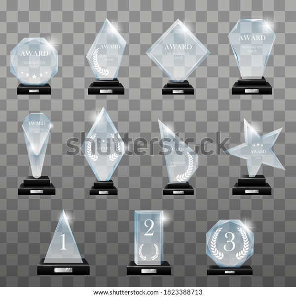 Glass trophy\
awards set. Glass trophies plaque engraved crystal award realistic.\
Vector isolated image fogged crystal award designs shape on board\
pedestal for awarded\
champion