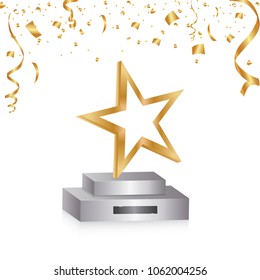 Glass trophy awards vector illustration. Festive illustration with prize and trophy winner. Golden confetti