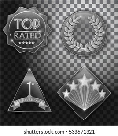 Glass trophy awards vector set. Vector set on glossy transparent background